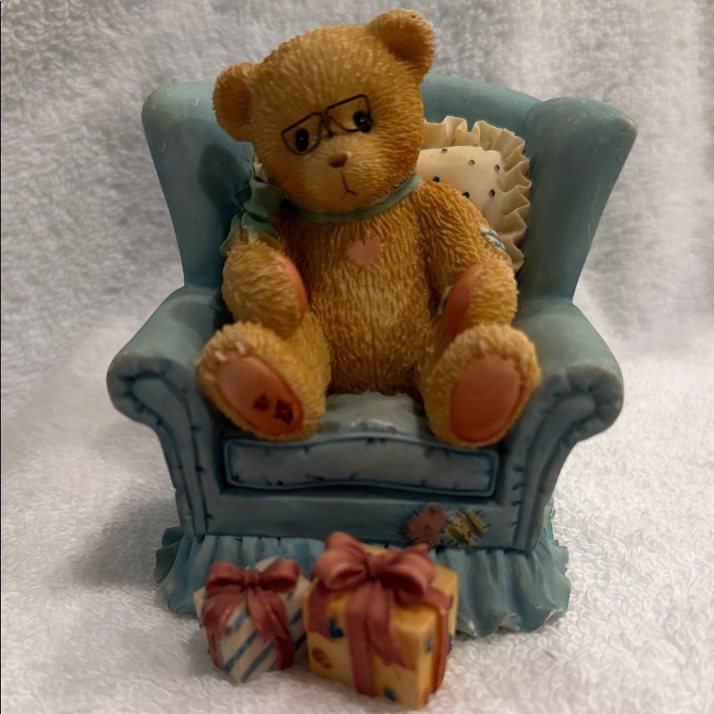 Cherished Teddies Bear in Blue Armchair with Gifts